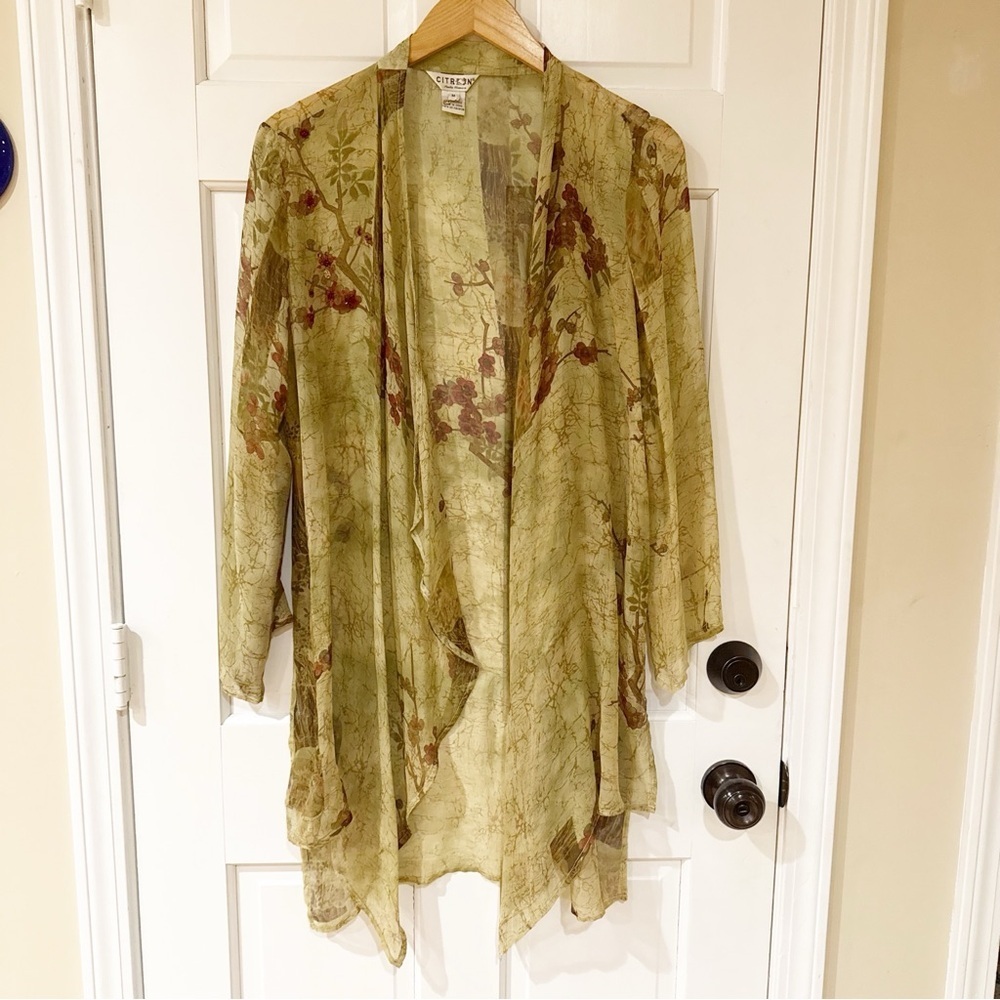 Citron Santa Monica Green Silk Duster Kimono M - Picture 2 of 10